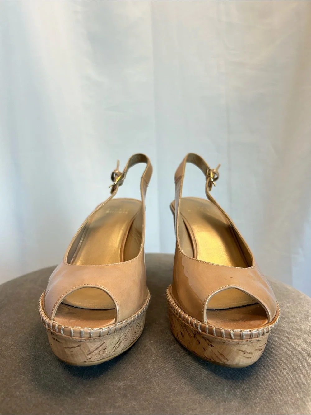 Stuart Weitzman beige jean Patent Peep-Toe Cork Wedge Slingbacks Nude 8.5 - Picture 5 of 8